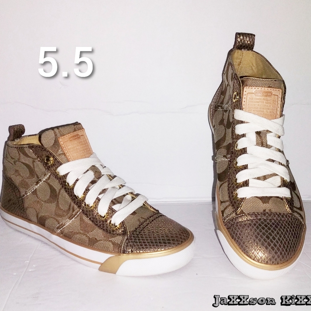 Coach Signature Metallic Brown High-Top Sneakers with White Laces